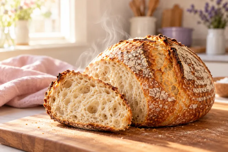 A warm sourdough loaf, sliced on a wooden board in a sunny kitchen